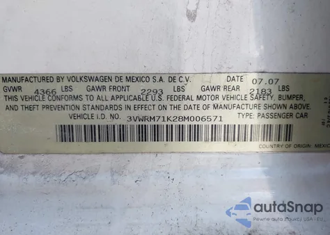 2008 Volkswagen Jetta Se/Sel из США, поврежденный, VIN 3VWRM71K28M006571